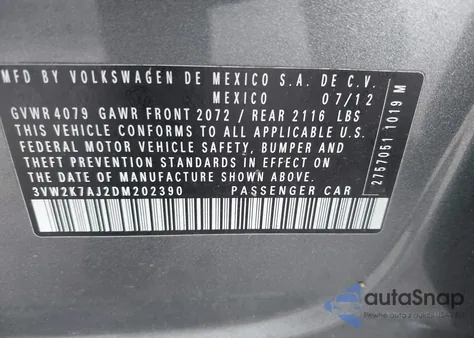 2013 Volkswagen Jetta 2.0L S from USA, damaged, VIN 3VW2K7AJ2DM202390